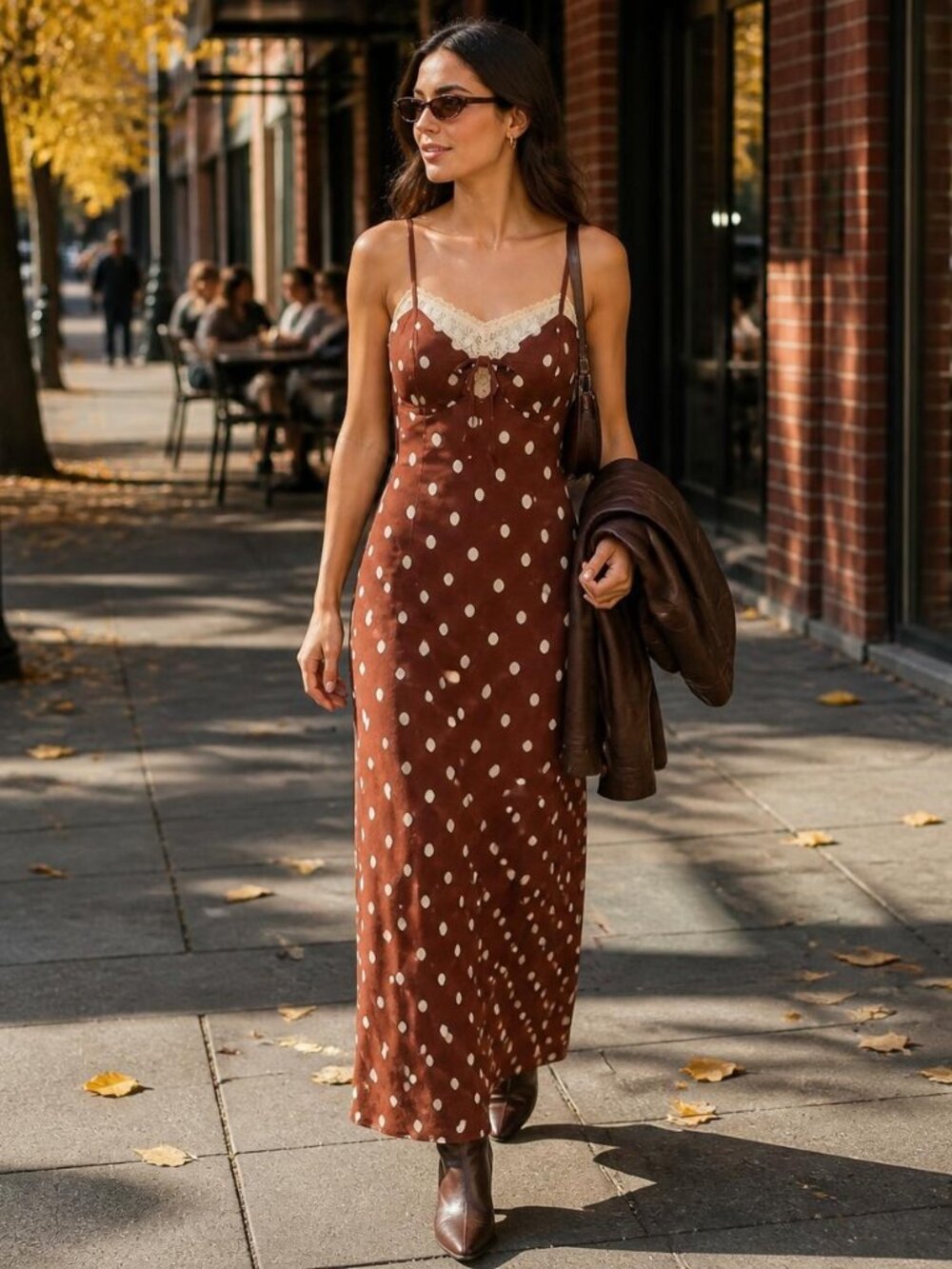 NWT Monteau Brown Polka Dot Lace Trim Slip Maxi Dress Tie Front Open Back S